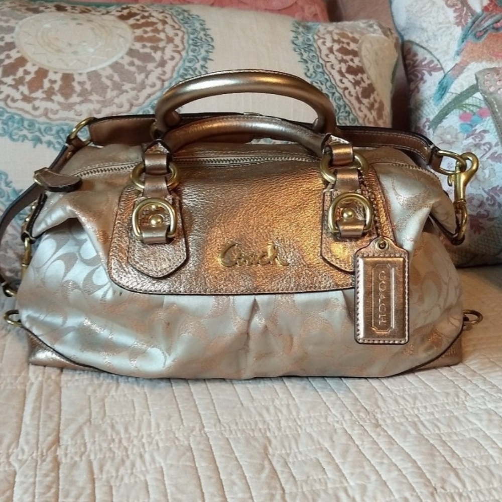 Coach Ashley Handbag Gold Signature F15804 Mini Boston Patent Leather Tote